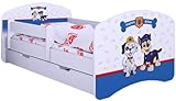 BDW Kinderbett Super Hunde Paw - Babybett mit Matratze und Schublade - Bequem und Langlebig Rausfallschutz Bett - Kinderzimmer - Weiß (140x70)