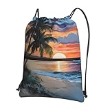 JAYWIS Coconut Beach Sonnenuntergang Hängematte – Druck Outdoor Kordelzug Rucksack mit Reißverschlusstaschen – wasserabweisend, leicht, für Wandern und Fitnessstudio, verstellbare Träger, kompakt