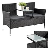 Juskys Polyrattan Gartenbank Monaco - 2-Sitzer Bank mit Tisch & Kissen - 133x63x84 cm - Rattan Sitzbank wetterfest Garten Balkon - schwarz