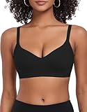 ANGOOL Damen BH Ohne Bügel Mittlerer Halt Sport BH Rückenverschluss Verstellbar Träger Klassische Schlaf Bra Gepolstert V-Ausschnitt Seamless, Schwarz, M