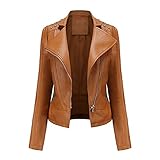 Damen Lederjacken Kunstleder Motorrad Mantel Kurz Leicht Pleather Crop Coat Mode ZIpper Mantel, coffee, 46