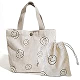 Herchuse Handtasche mit lächelndem Gesicht, Kordsamt, Make-up-Tasche, Kordelzug, kleine Tasche, Mini-Tasche, Make-up-Tasche, 2 Stück, mit Innentasche, Knopf-Stil, Strandhandtasche (beige), Beige,