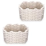 2er Set Aufbewahrungskorb Geflochten Baumwolle Strickkorb,Aufbewahrungskorb Weiß, für die Speicherung Kleiner Haushaltsartikel, für Schränke,Bad,Küche
