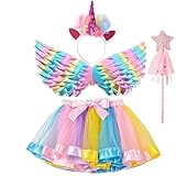 AOUVT 4 Pcs Regenbogen Einhorn Kostüm Kinder, Prinzessinnenkleid für Kinder, Einhorn Cosplay Set, Das Einhorn Party Kleid ist für Mädchen im Alter von 3 4 5 6 7 8 Jahren Geeignet (Rose)