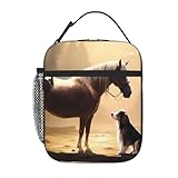 BROLEO Tragbare isolierte Lunchtasche, Motiv: Pferd trifft Hund, wiederverwendbar, langlebig für Männer und Frauen