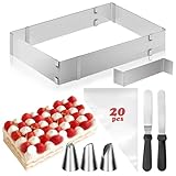 YSWOVUO Backrahmen Rechteckig Verstellbar, Backrahmen Eckig Edelstahl, Tortenring Eckig mit Teiler, Spatel, Spritzbeutel, Tüllen aus Edelstahl, Backrahmen Rechteckig Spülmaschinenfest