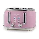 SALTER Retro Toaster 4 Scheiben – Breite Schlitze, 6 Bräunungsgrad, Auftauen, Aufwärmen, Abbrechen Funktionen, Herausnehmbare Krümelschublade, Selbstzentrierung, 1630 W, Pink