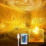 Ciskotu Luxocean Lamp LED Sternenhimmel Projektor, 16 Farben USB Wasserwellen Lampe Rotierende Dynamische Wellen Deckenprojektion Stimmungslicht Holzsockel mit Fernbedienung für Schlafzimmer/Party