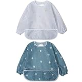 Little Dimsum Baby Lätzchen mit Ärmeln, Wasserdicht Abwaschbar Ärmellätzchen, Baby Bibs Set für Kleinkinder mit Großer Tasche (6-36 Monate) - 2er-Pack
