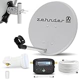 Digitale Camping Sat Anlage Spiegel 40 cm Single LNB 0,1 dB + Koaxialkabel 10m Kabel Sat Finder Balkon Caravan Mobil Schüssel Antenne für HDTV HD Sky 3D 4K hell