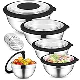 HaWare Rührschüssel 5er Set, Edelstahl Schüssel Salatschüssel Set mit Transparenter Luftdichtem Deckel & 3 Reibenaufsätzen zum Kochen Backen, 4,5L/2,8L/1,5L/1,2L/0,7L, Spülmaschinenfest, Schwarz