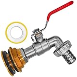 Regentonnen Tank Durchführung Verschraubung aus Messing mit Dichtungen Loch Durchmesser 27mm + Auslaufhahn Schlauchtülle Aussendurchmesser 15mm für 1/2' Gartenschlauch + Dichtband