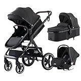 GLOKID Kinderwagen 3 in 1,Reisesysteme, Buggy mit Umkehrbarem Zwei-Wege-Schub,Babywanne Buggy&Sportsitz,Voll-Gummireifen,Mit Einem Klick Zusammenklappbarer,Zubehör,Tragbarer (LQL HX1 Schwarz)