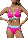 CUPSHE Damen Bikini Set U Ausschnitt Reversible Bikini mit Schnürung Breite Träger Mid Waist Sport Bademode Zweiteiliger Badeanzug Swimsuit Magenta/Blau XL