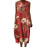 Damen-Midikleid mit Blumenmuster, Sommer, lässig, ärmellos, Rundhalsausschnitt, A-Linie, Sommerkleid, Boho-Druck, lockeres Kleid mit Taschen, Vintage-Grafik, lässig, mittelgroß, Retro, lockere