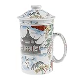 lachineuse - Chinesische Tasse Contemplation des Sees - Porzellan Teetasse mit Sieb und Deckel - Chinesische Malerei - Traditionelles chinesisches Geschirr - Geschenkidee Tee Asien