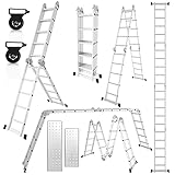 Eikuavons Aluminium Mehrzweckleiter, 4x5 Stufen 5.8M 7 in 1 Multifunktionsleiter mit 2 plattform und 2 Transport Rollen, Klappleiter 20 Stufen, Gelenkleiter bis 150 kg, Silber