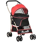 PawHut Hundewagen, 2 in 1 Hundetrolley, Tragetasche, faltbarer Hundebuggy mit Kissen, Katzenwagen für kleine Hunde, Katzen, Katzenbuggy mit 4 Rädern, Netzfenster, Oxfordstoff, Rot