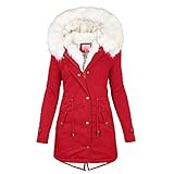 Cantissa Langer Damen-Parka mit Pelzbesatz, mit Kapuze, gepolstert, Winterjacke, Mantel, Winter, warme Baumwolle, Steppjacke, Parka mit Kunstfell-Kapuze, Y7-Rot, L