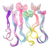 Locken Haarverlängerung Clips, 6Stück Little World Haarsträhnen Kinder Einhorn Bogen Prinzessin Haarspangen Mädchen Haarschmuck Bunte Haarsträhnen, Haarschmuck Mädchen Bunte Haarteile Party Ankleiden