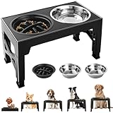Hundenapf Erhöht, Höhenverstellbarer Hundenapf Grosse Hunde - 2X Edelstahlschale (1200ml) + 1 x Slow-Feeder (800ml) - rutschfeste Futterstation für mittelgroße/große Hunde Schwarz Grau