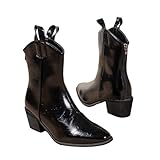 Modische einfarbige Damen-Stiefel, PU, lässig, kurze Stiefel, Absatz, kurzer Absatz, mittelhohe Stiefel, Oberschenkelhohe Stiefel für Damen, mit Absatz, breite Wade, Schwarz , 39.5 EU