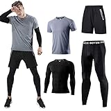 Kompressionsanzug Herrenanzug Trainingsanzug 4-teiliges Herren atmungsaktives Sportswear Laufanzug Kurzarmhemd Kompressionshemden Halbhose Strumpfhose Grau-M