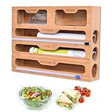 Abiemuce Folienspender Mit Cutter, 5 in 1 Folienschneider, Alufolienspender und Frischhalte, Folienspender Aus Bambus, Frischhaltefolie Abroller, Frischhaltefolienschneider - 5 Steckplatz