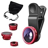 3-in-1 Handy Objektiv Set, Clip-On Kamera-Adapter für Smartphones - Fischaugenobjektiv (180° Fisheye Linse), Weitwinkel (0,65x Wide), Makroobjektiv (10x) - für alle Handys geeignet (Rot)