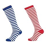 2 Paar Streifen Ringel Kniestrümpfe Geringelt Streifen uni Baumwolle Rot Weiss Blau Schwarz Rainbow bis Grösse 46 (36-41, Blau Weiss + Rot Weiss)