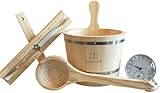 Saunaloft Premium Sauna-Zubehör Set aus Pinienholz, 5-teilig mit Holzeimer 3L, Kunststoff-Inlay, Saunakelle 36cm, Sanduhr 15 Min, Thermo-Hygrometer