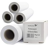 Netuno 4 Rollen Plotterpapier Weiß 90g 610 mm x 50 m 50 mm 2 Zoll Kern Zeichenrollen matt Inkjet Standardrolle für Großformatdrucker Kopierer Baupläne technische Zeichnungen Engineering Papier CAD
