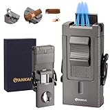 FANKAI Zigarrenfeuerzeug, Multi-Tool Taschenlampe Feuerzeug mit Schiebe Zigarre V Cutter, Zigarrenhalter Zigarre Poker Zigarre Zubehör, Butan Feuerzeug Triple Jet Flame, Cooles Feuerzeug Geschenk für