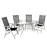 Nexos Trading 5-teiliges Gartenmöbel-Set – Gartengarnitur Sitzgruppe Sitzgarnitur aus Klappstühlen & Esstisch – Stahl Alu Glas – Textilene schwarz/Rahmen grau