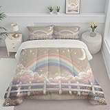 DLERFLOVR Bettdecke 240x220cm 4 Jahreszeiten, Wolken Und Zäune Wende Steppdecke Kind Bettdecken Schlafdecke Waschbar Zudecke Vierjahreszeiten mit 2 Kissenbezug 80x80cm, Beige