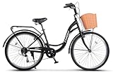 26 Zoll City Bike, 7-Gang Shimano Schaltung, V-Brake, Gepäckträger, Frontkorb, Stahlrahmen, 26x1.75 Reifen, für Erwachsene 150-165 cm