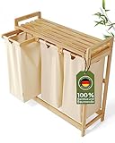 AMBIAVO® Wäschekorb 3 Fächer [beige, 100% Baumwolle, Bambus, 90 l Volumen] | Wäschesammler für Schmutzwäsche| Wäsche Sortiersystem | Wäschesortierer Holz | Wäschebox | laundry baskets