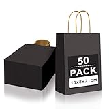 Gucass 50 Stück Klein Papiertüten mit Henkel, Schwarz Geschenktüten Kraftpapiertüte Papiertragetasche, 15 x 8 x 21cm, Geschenktaschen zum Verpacken Einkaufen Geburtstag Partys Hochzeit Weihnachten