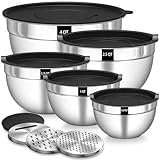 Terlulu Rührschüssel 5er Set, Edelstahl Schüssel Salatschüssel Set mit Luftdichtem Deckel, 3 Reibenaufsätzen, 4.5L,2.7L, 1.6L, 1.1L, 0.7L, Stapelbar & Spülmaschinenfest