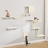 Katzen kletterwand Set mit Katzenbaum Hängematte,Katzenhöhle Wand,Katzenbrücke,Kratzbrett und Kratzbaum - 4-Teiliges Holz Katzenmöbel für Katzen Catwalk (Beige)