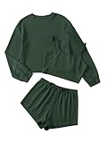 GORGLITTER Damen 3-teilige Set Loungewear Pyjama Sets mit Langarmshirt Camitop und Short Schlafanzug Hausanzug Tranining Kombine Set Dunkelgrün M