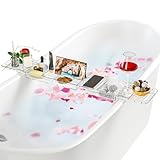 Verstellbar Badewannenablage Transparent mit Wasserablauf, Badewannenbrett Acryl für Ipad und Bücher mit Getränkehalter, Badewannentablett, Badewanne Ablagebrett, Brett Badewanne (80-104 x 18.5cm)