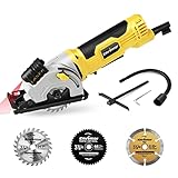 Mini Kreissäge, ENVENTOR 580W Handkreissäge mit 3 Sägeblättern, mit Führungsschiene & Laserführung, 4000RPM, Ideal für Holz, Weichmetall, Kunststoffschnitte, Einhändiges Halten