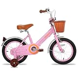 STITCH Vintage 18 Zoll Kinderfahrrad für 6-9 Jahre Mädchen, Kinderfahrrad mit Vorderkorb & Stützrädern,Rosa