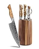 HEZHEN Damast Küchenmesser Set 7PCS Messerblockset, Japanischer Stil Santoku, Damast Stahl Kochmesser,Messerhalter aus Holz