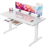 Homall Glas Höhenverstellbarer Schreibtisch, 140 x 70 cm Elektrischer Höhenverstellbarer Schreibtisch mit Schublade, Sitz- und Steh-Schreibtisch für Home Office, weiß