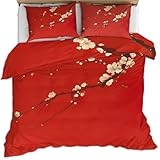 Pflaumenblüten Bettwäsche Set für Mädchen 260 X 220 cm Rotes Mädchen Bettset Traditioneller Bettbezug Im Orientalischen Kunststil Bettbezug mit Blumenmuster Eleganter Bettbezüge und Kissenbezug