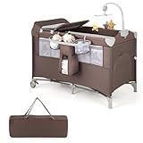 COSTWAY 5 in 1 Beistellbett klappbar, Reisebett mit Matratze, 2 Ebene Babybett mit Rollen, Spielbogen & Wickelauflage, Stubenwagen mit Tragetasche für Baby bis 3 Jahren (Braun)