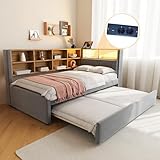 Merax Schlafsofa 90 x 200 cm, mit Ausziehbett 90 x 190 cm, Schlafcouch Ausziehbar mit LED Leuchten und Ablagefächern, Flanell, Dunkelgrau (Ohne Matratze)