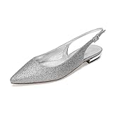 Silber,39,Damen Satin-Hochzeits-Flats mit geschlossener Spitze, modische glänzende Ballerinas niedrigem Absatz Slingback-Sandalen Knöchelriemen Brautschuhe für Abendpartys